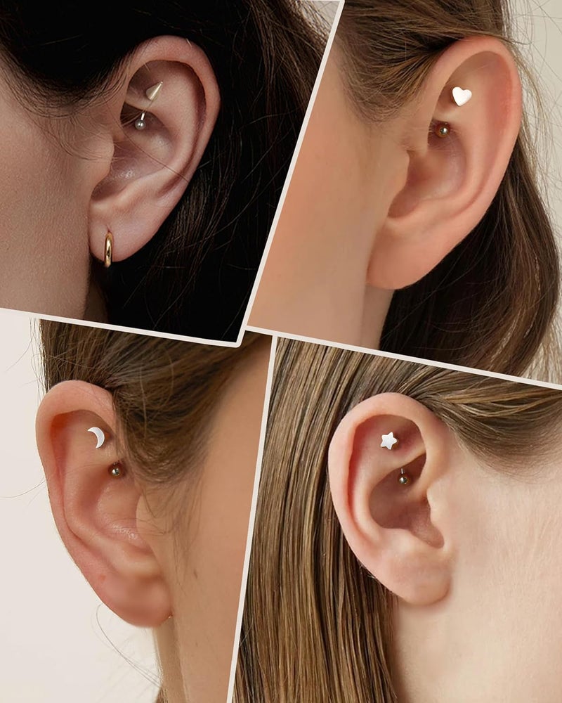 COCHARM Titanium Heart Star Moon Rook Spike Piercing Jewelry 16g, Surgical Steel Rook Earrings for Women Man, Silver Vertical Labret Jewelry, 8mm Spike Eyebrow Piercing Jewelry - Image 2
